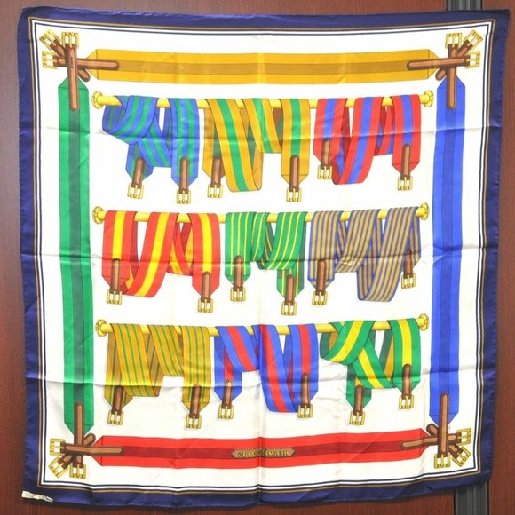 Authentic HERMES Carre 90 Scarf Suspenders Motif Silk Blue - Picture 11 of 14